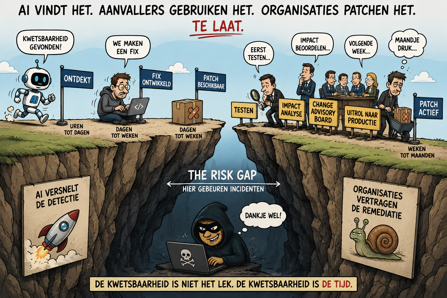 AI vindt sneller. Organisaties blijven trager. En dáár zit het echte beveiligingsprobleem.