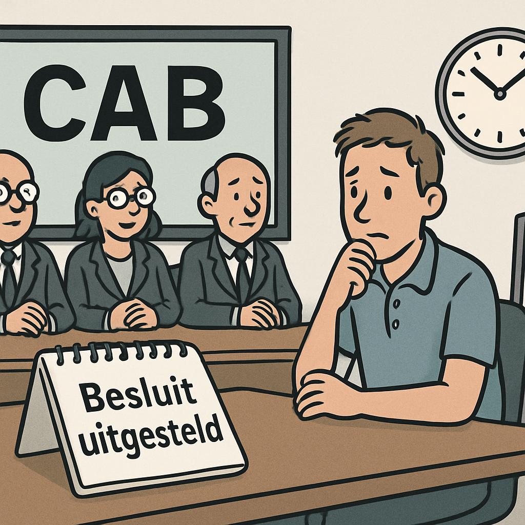 Cartoon van een Change Advisory Board-vergadering waarin besluiten uitgesteld worden en het dashboard rood kleurt, met een bezorgde ontwikkelaar in beeld.